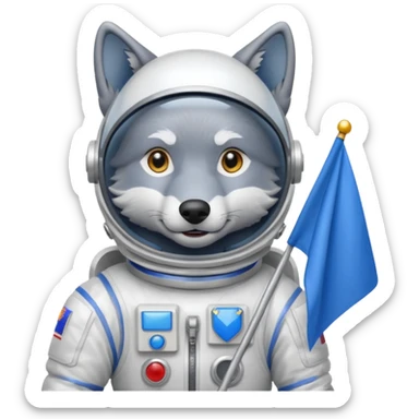 a wolf in space suit, holding blue rectangle flag sticker
