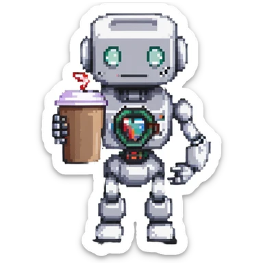 A robot character holding a coffee mug sticker