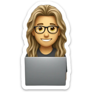 a young man with long hair and wearing glasses sitting with a computercheering sticker