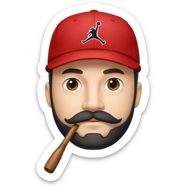 bearded guy with a Jordan baseball cap, handlebar mustache and beard, emoji style sticker