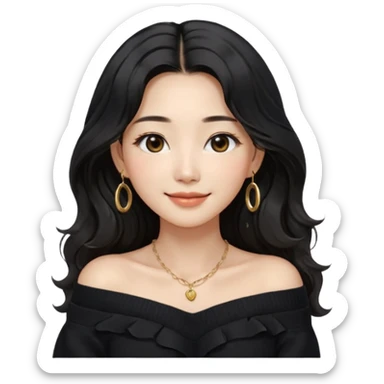 A South Korean girl in her thirties with long black soft wavy hair with middle part and layers. She is wearing a black off the shoulder long sleeve knit sweater, small gold hoop earrings and thin gold necklace. She has brown eyes with mono lid shape and smiling with lips together sticker