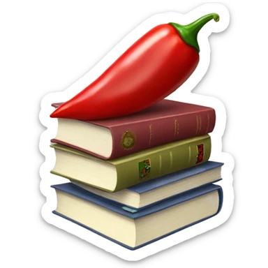 stack of books with a chili pepper sticker