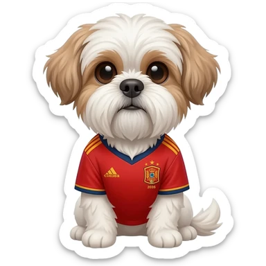 white and light brown shih zhu wearing a Spain soccer jersey v neck 2026 work cup sticker