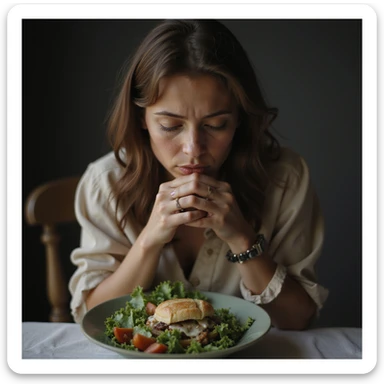 donna triste che mangia insalata, espressione triste, iperrealismo 4K, variazione 6 sticker