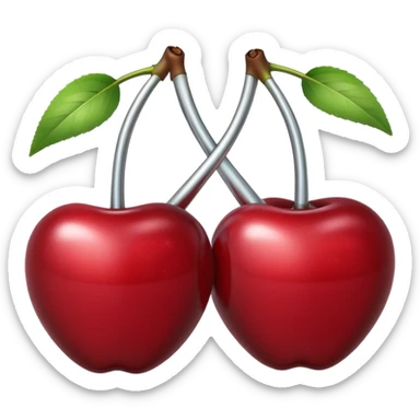 A pair of cherries emoji made of polished silver chrome, smooth rounded shapes, glossy metallic finish, soft highlights and reflections, cute proportions, iOS emoji style, centered, clean white background, no text sticker