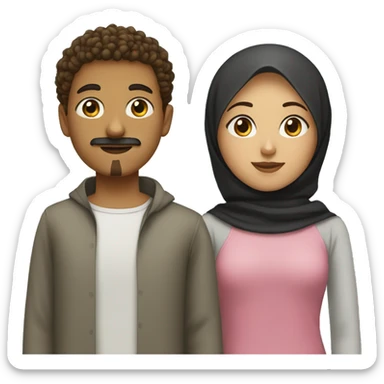brown teen with short curly hair and goatee and moustache standing and black eyes next to a girl wearing a hijab sticker