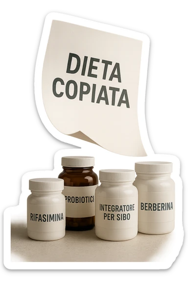 FOGLIO DI CARTA FLUTTUA IN ARIA CON LA SCRITTA "DIETA COPIATA", INSIEME A BARATTOLI DI INTEGRATORI PER CURARE IL SIBO IN ITALIANO, IPERREALISTICO 4K, NON DISEGNATO sticker