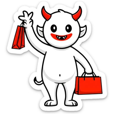 Devil character with shopping bags, excited about shopping sticker
