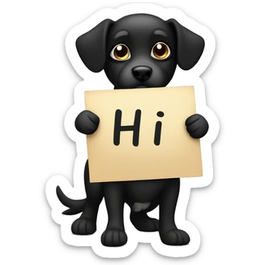 black mini dog holding a sign with the inscription ''hi” sticker