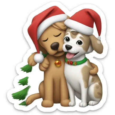 Dog and cat hugging under a Christmas tree sticker