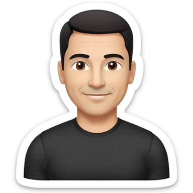 Broad-shouldered Hispanic man in his 50s, light brown complexion, square face with defined jawline, very short black hair with tight fade, thick straight eyebrows, medium dark eyes with vibrant look, wide nose, confident smile, wearing black fitted athletic shirt sticker