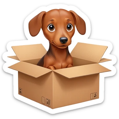  A very cute young Dachshund  with one's head tilted to one side poked its paws out of the cardboard big box and placed them on top of it sticker