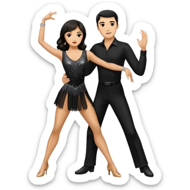 Dancesport professional latin couple dancing the rumba, the women is in skinny short sparkly dress, the man is in black shirt and black classic pants, the women has brown long hair, the man has short black hair  sticker