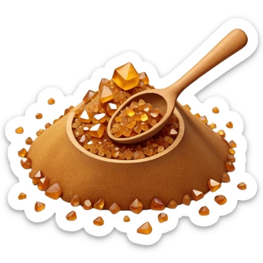 mound of brown sugar, golden to amber, coarse and irregular crystals, a few scattered crystals at base, with a small wooden spoon partially dipped in, clean, 3D, soft shadows, natural organic texture, no cartoon or anthropomorphic features, no packaging, no bowl, transparent background, emoji scale sticker