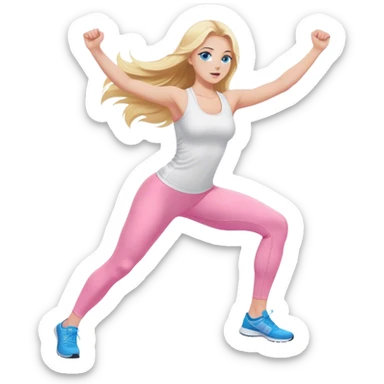 A cinematically realistic blonde with long hair and blue eyes, dressed in a white top and pink leggings, performs a sports exercise sticker