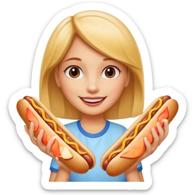 A girl holding two hot dogs, smiling proudly before eating.






















 sticker