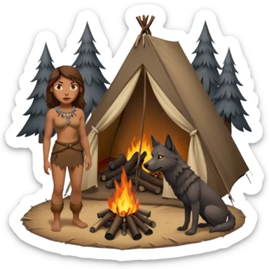 a NEANDERTHAL WOMAN WITH BROWN HAIR STANDING BY A FIRE AND TENT WITH BLACK WOLF sticker