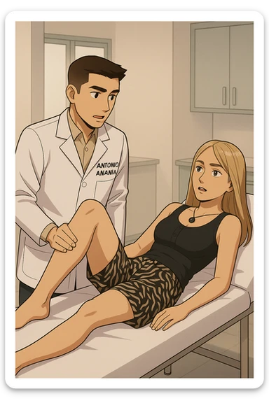 fai un webtoon/manga a colori con questo kinesiologo in camice bianco (fagli la scritta "ANTONIO ANANIA" SUL CAMICE) CHE SVOLGE UN TEST NEUROMUSCOLARE SOLLEVANDO UNA GAMBA ALLA RAGAZZA CHE è STESA SU UN LETTINO BIANCO. DURANTE IL TEST I DUE DIALOGANO TRA LORO. NON FARE I FUMETTI, FAI SOLO LORO COME SE DIALOGASSERO sticker