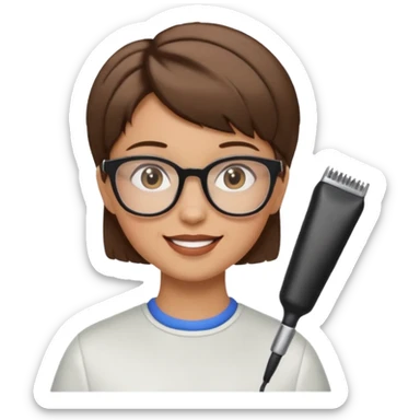 Happy woman with short hair and glasses having haircut sticker