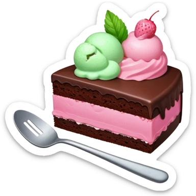 Slice of chocolate cake with strawberry icing and a scoop of mint ice cream on the side sticker