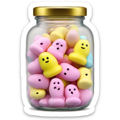 Realistic easter candy Peeps marshmallows in a glass jar with a gold screw on lid on the top. sticker