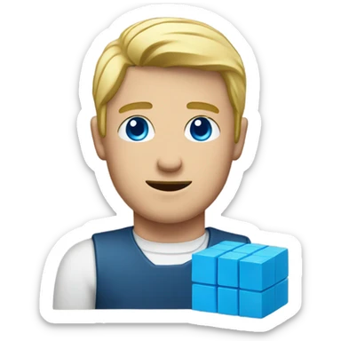 Blonde man with blue eyes holding a small blue brick sticker