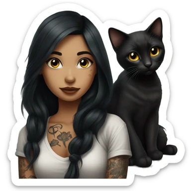 beautiful girl with tattoos, with long black hair, with black cat sticker