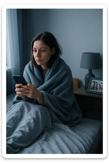 Donna tra i 30 e i 35 anni seduta da sola in una stanza, avvolta in una coperta, guarda il telefono ma non risponde ai messaggi. Sul comodino, una foto con amici, leggermente coperta dalla polvere. Sguardo perso nel vuoto. La stanza trasmette solitudine e distacco. Colori freddi, luce naturale tenue sticker