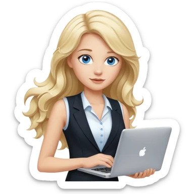 3D Apple-style emoji of a blonde woman whits long wavy hair, with bright blue eyes,
wearing a white sleeveless top,
holding a silver laptop,
clean white background, smooth rounded design
black suite sticker