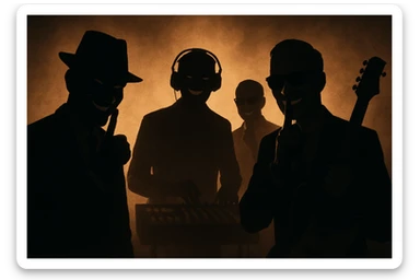 Siluetas y figuras de personas que trabajan en la industria musical, en las sombras, vistas desde lejos, con sonrisas burlonas y aire de superioridad, haciendo una señal con el dedo para pedir que otros hagan silencio o de estar guardando un secreto sticker