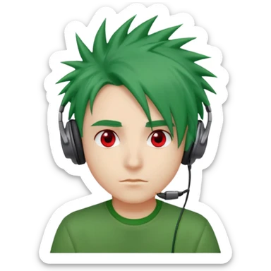 chico pelo medio largo ojos rojos y una camisa verde pelo tipo spike y unos audifonos sticker