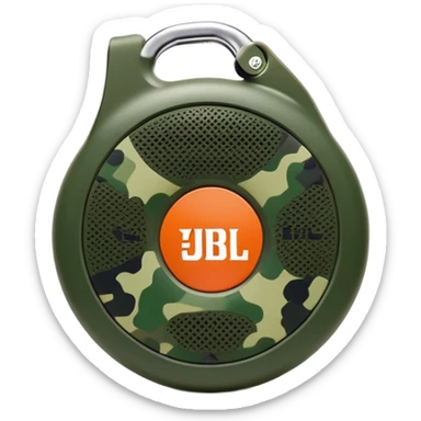 Simple JBL Clip 4 speaker with round body, built-in carabiner, green camo pattern, and JBL logo on front, iOS emoji style sticker