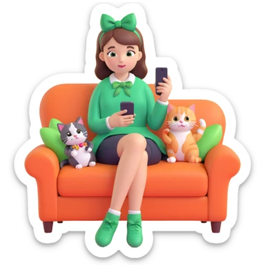 A girl sitting on a couch with a cat, holding a smartphone, with a green bow on her head, surrounded by candy, in a warm, cozy setting. sticker