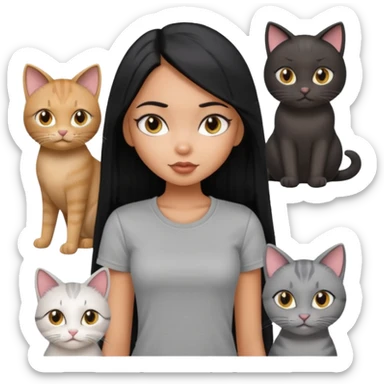 a pretty bratz dusky girl with long straight hair with four cats nd wearing a grey tshirt sticker