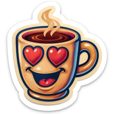 coffee cup creature, big heart eyes, dopey smile sticker