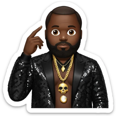 Rick Ross with dark brown hair, black sequin outfit sticker