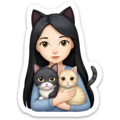 Beautiful girl with long black hair holding a gray and blonde mixed cat sticker