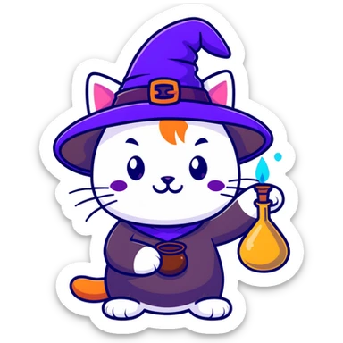 mystical cat with magic potion and witch hat sticker