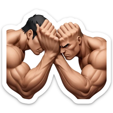 Two hands locked in an intense arm wrestling match, muscles straining as they battle for dominance. The background is minimal, focusing on the power and tension of the gripping hands, showcasing strength and determination. Transparent background. sticker