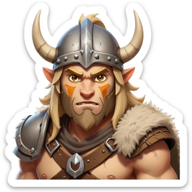 Clash of Clans aesthetic: Cinematic Fierce Barbarian Portrait Emoji, Poised and bold with a rugged yet cartoonish build in tattered furs and a horned helmet, expressive bright eyes and a confident smirk, Simplified yet dynamic features, highly detailed, glowing with a vivid, adventurous aura, high shine, heroic and spirited, stylized with an air of medieval warrior charm, focused and energetic, soft glowing outline, capturing the essence of a fearless barbarian adventurer ready to lead his clan with spirited valor! sticker