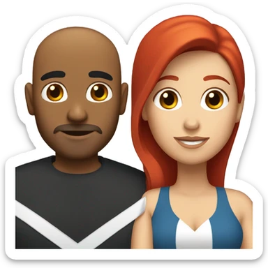 a latino gay man with short black hair and a white woman with long red hair sticker