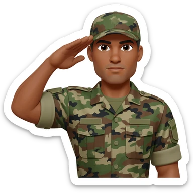 A black military soldier, brown skinned and camouflage uniform to include the hat saluting with the right arm, make the soldiers serious and make the built of the soldier muscular sticker