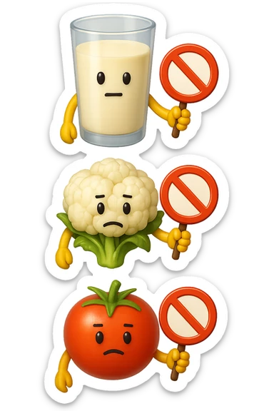 emoji stile iphone di un BICCHIERE DI LATTE CAVOLFIORE E POMODORO CHE FLUTTUANO IN ARIA VERTICALMENTE CON DIVIETI IN MANO, iperrealistico 4k, isolato su sfondo bianco sticker