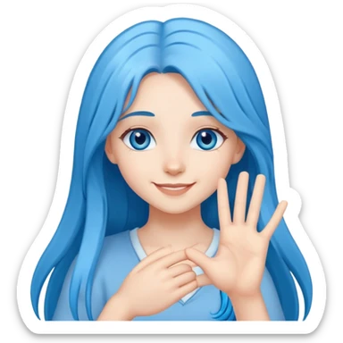 Happy girl long blue hair blue eyes making the hand heart sticker