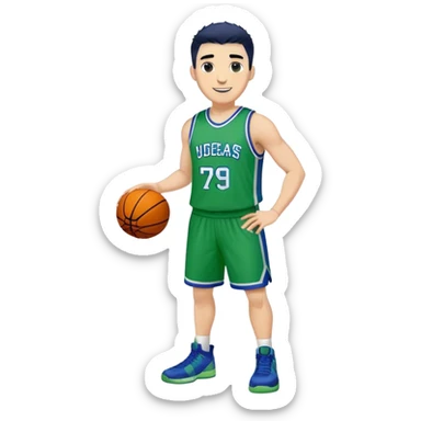 Full Body heavy white male with dark short spike hair basketball player wearing blue green uniform smiling sticker