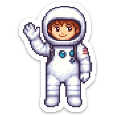 Make the cute astronaut wave, in pixel art style, with no background. sticker
