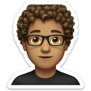 A boy with brown curly hair and black glasses with brown eyes and a black shirt sticker