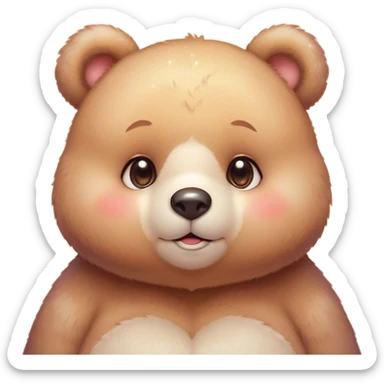 Cinematic cute soft bear, chubby round face, tiny ears, warm fuzzy fur, blushing cheeks, sparkling kind eyes, soft glowing background, heartwarming and huggable. sticker
