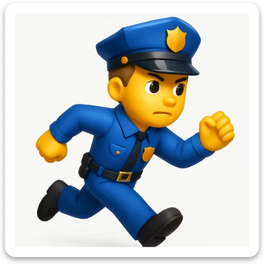 A 3D emoji in iOS emoji aesthetic style of a police officer running forward as if chasing someone, one arm stretched and the other bent, determined facial expression, wearing a blue police uniform and cap, glossy Apple-style rendering, clean white background sticker