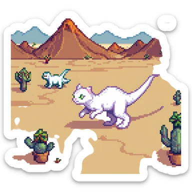 A white cat chasing a T-Rex in the desert with a herd of camels staring at them sticker
